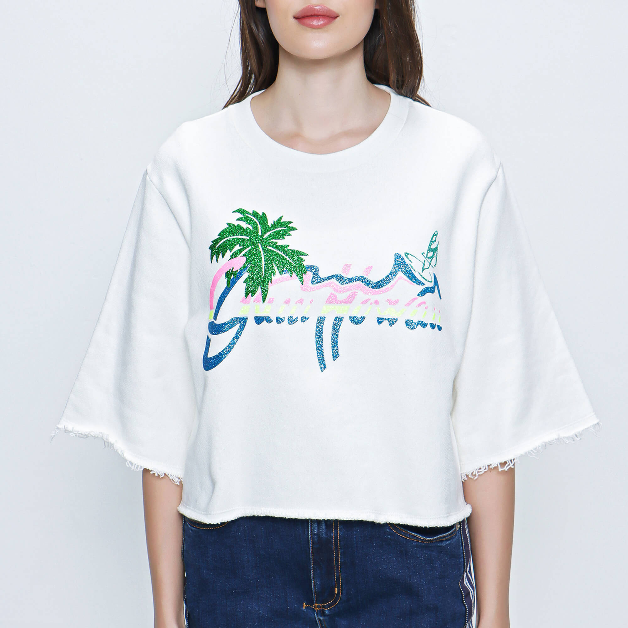 Gucci - White Hawaii Print Cropped Sweatshirt
